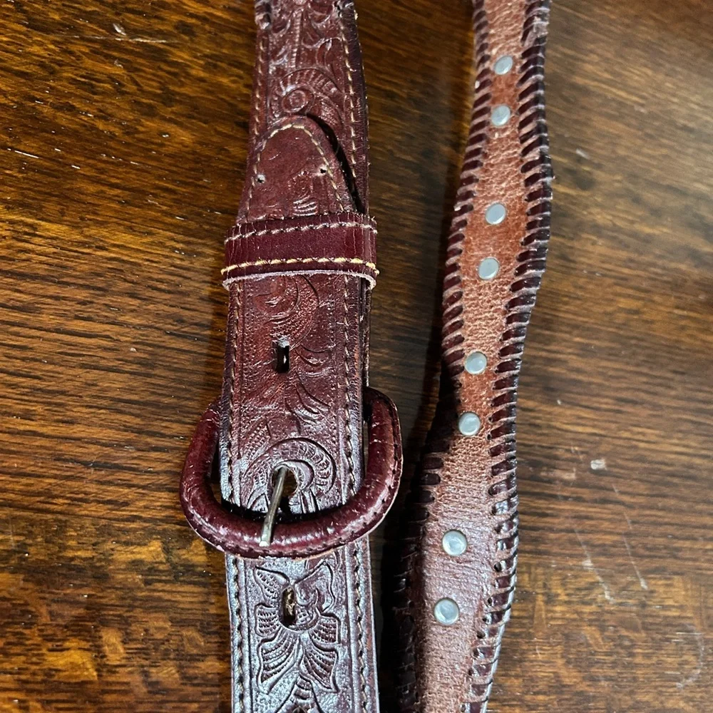 Western Brown Women's Hand Tooled thick leather belt with metal accents Sz.38/L